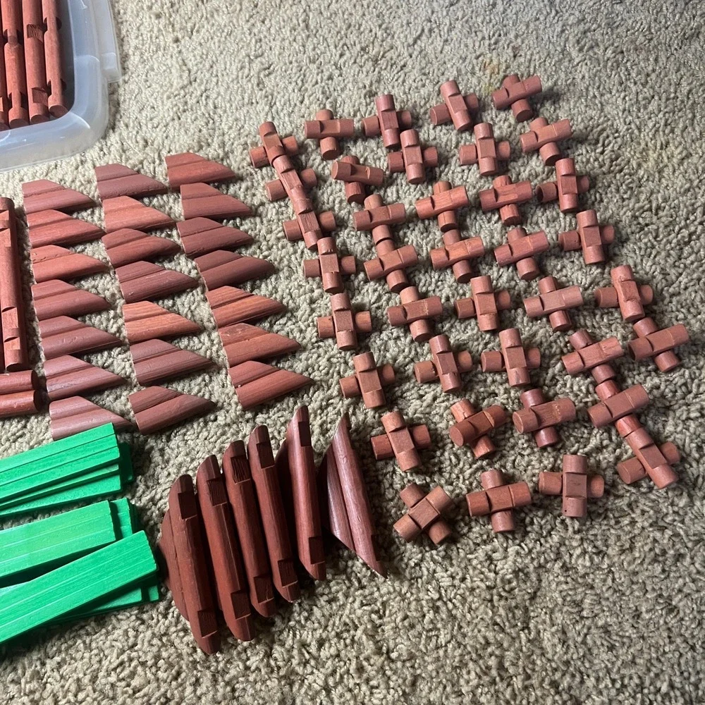 Vintage Wooden Building Log Set Interlocking Cabin Construction Toy 100+ Pieces